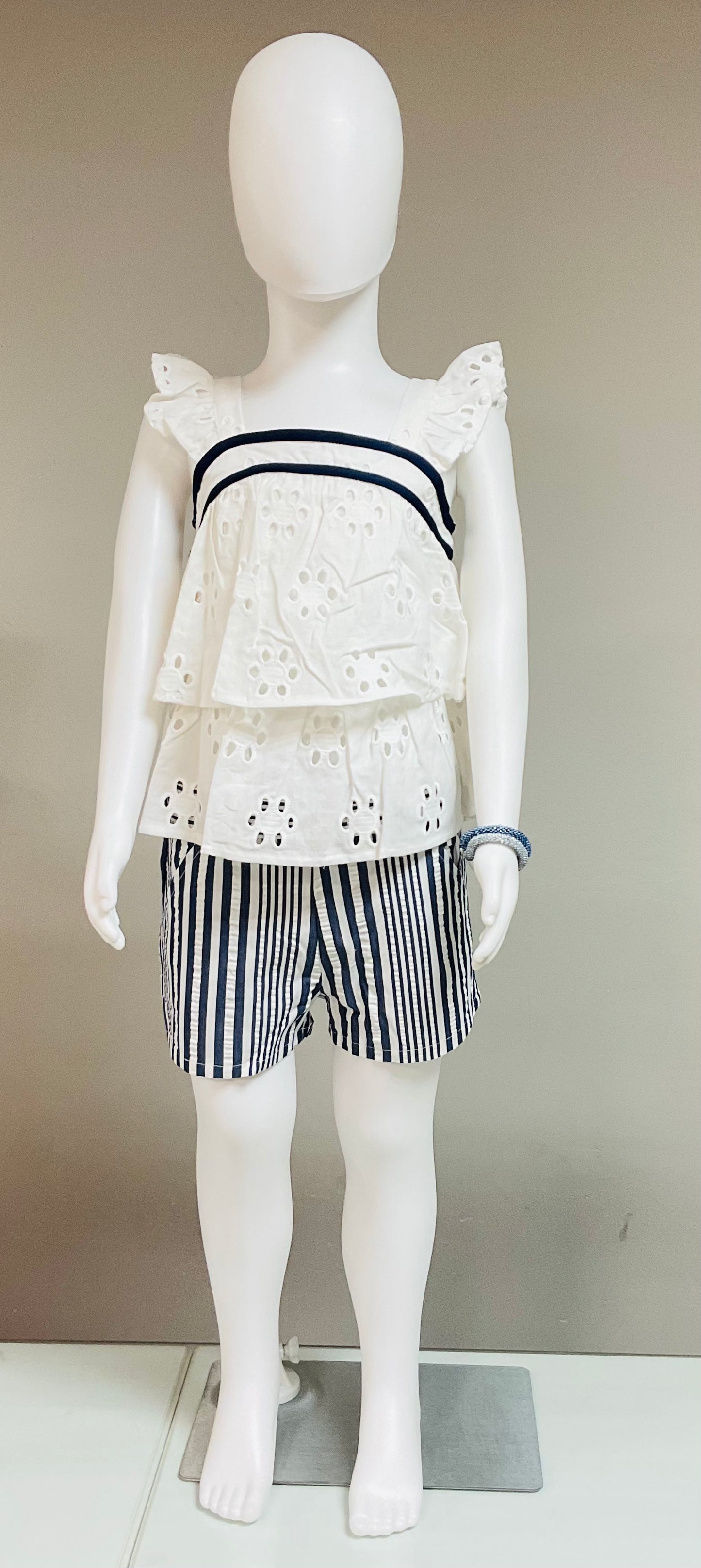 Tutto Piccolo Conjunto Top Lino Blanco Químico Y Short Rayas Azul Marino