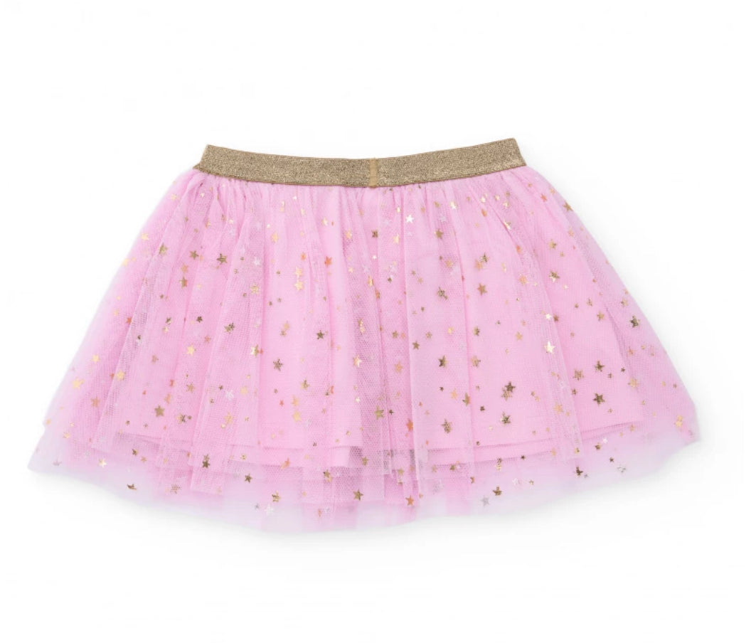 TucTuc Conjunto Niña Camiseta manga larga estampado bailarina y falda tutu rosa con estrellas doradas
