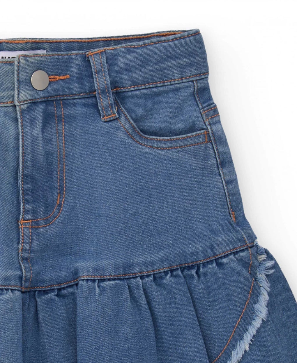 TucTuc NK Camisa rosa para niña con bordado floral en mangas y Falda vaquera con volante para niña.