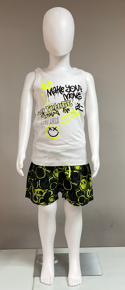 TUC TUC Conjunto Camiseta sin mangas para niño en blanco con mensaje estampado Con Bañador estampado de emoticonos.
