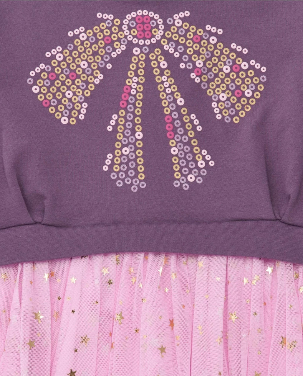 TucTuc Vestido morado para niña con falda de tul rosa y detalles de estrellas doradas