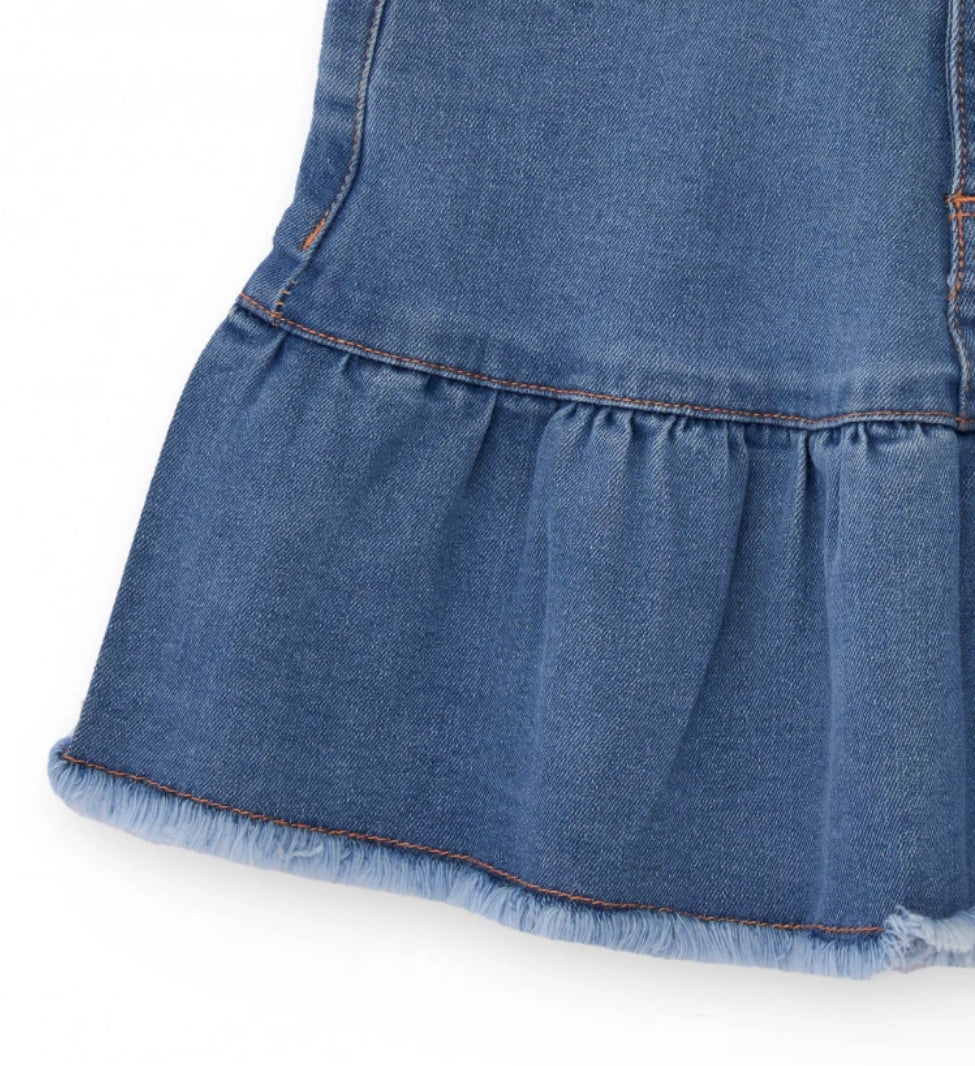 TucTuc NK Camisa rosa para niña con bordado floral en mangas y Falda vaquera con volante para niña.