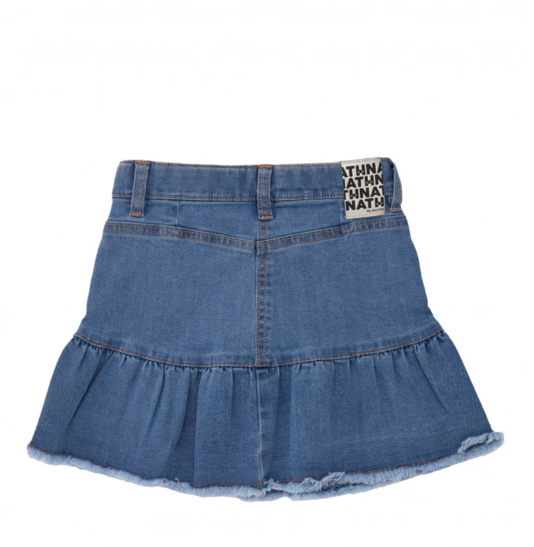 TucTuc NK Camisa rosa para niña con bordado floral en mangas y Falda vaquera con volante para niña.