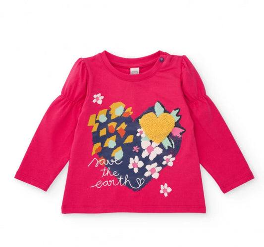 TucTuc Conjunto Niña Camiseta Fucsia Estampado Corazón "Save the Earth" Jeggings Bordados Corazones Flores