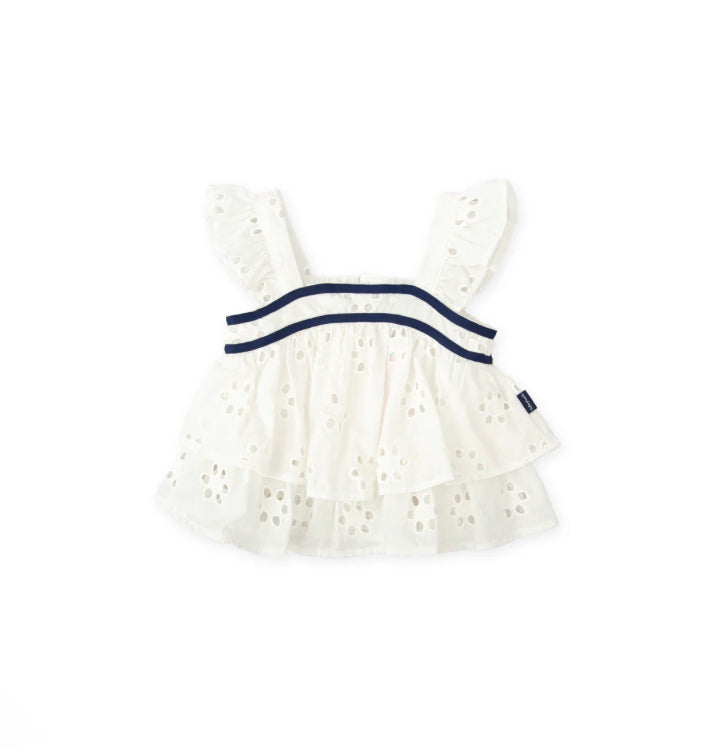 Tutto Piccolo Conjunto Top Lino Blanco Químico Y Short Rayas Azul Marino