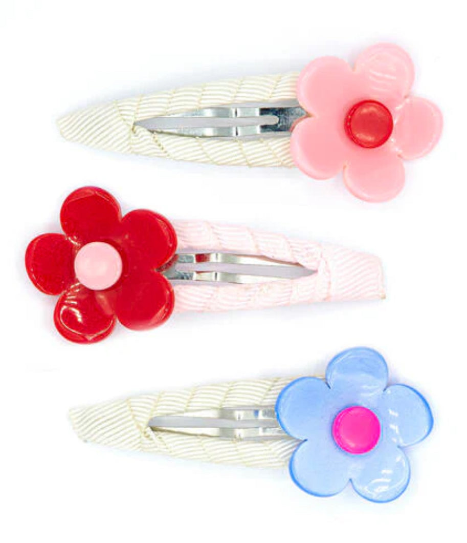 Lilies & Roses Flower Vania in Satin Blue, Red, and Light Pink Hair Clips