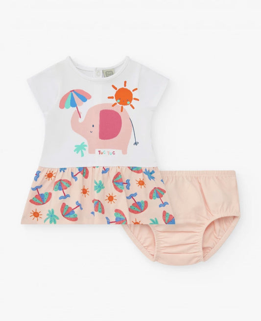 TucTuc Tropical Summer Conjunto Blanco Para Niña Con Vestido De Elefante Y Braguita Tropical