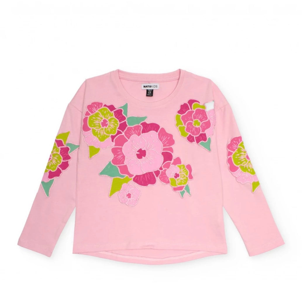 TucTuc NK Conjunto Niña Camiseta manga larga flores bordadas y Pantalón mezclilla color rosa.