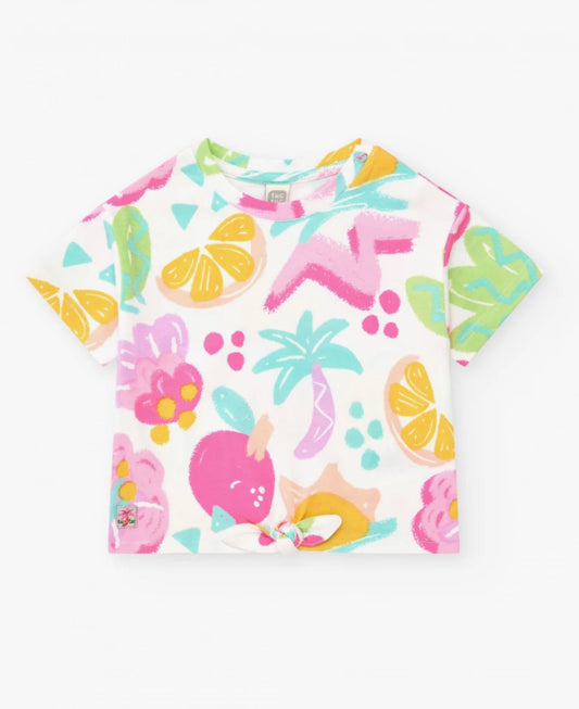 Tuc Tuc Conjunto Camiseta para niña con frutas tropicales y nudo decorativo Pantalón corto multicolor para niña con frutas tropicales y cintura ajustable. Colección: Sunrise Is A Lemon