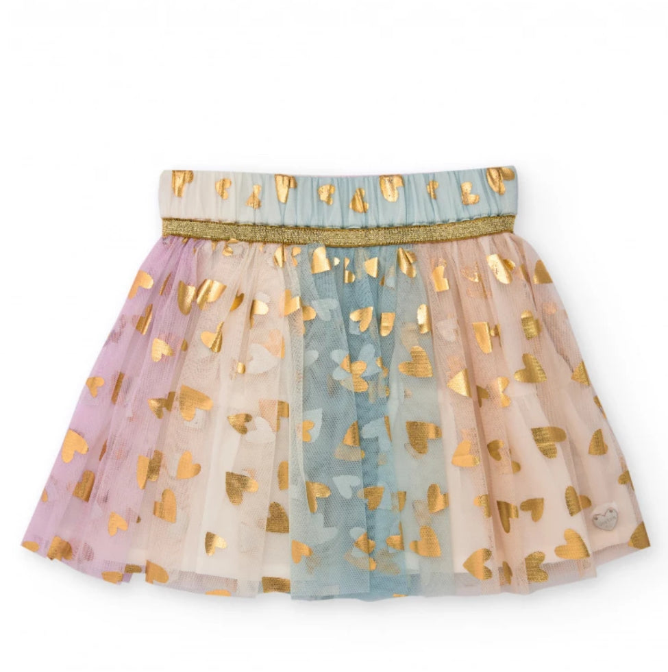 TucTuc Conjunto Camiseta Estampado Corazones Falda Tul Rosa Estampado Corazones Dorados