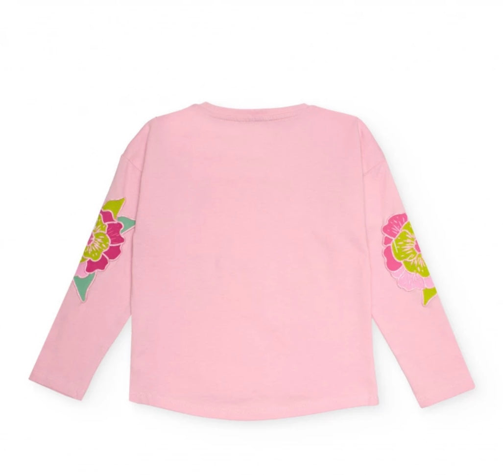 TucTuc NK Conjunto Niña Camiseta manga larga flores bordadas y Pantalón mezclilla color rosa.