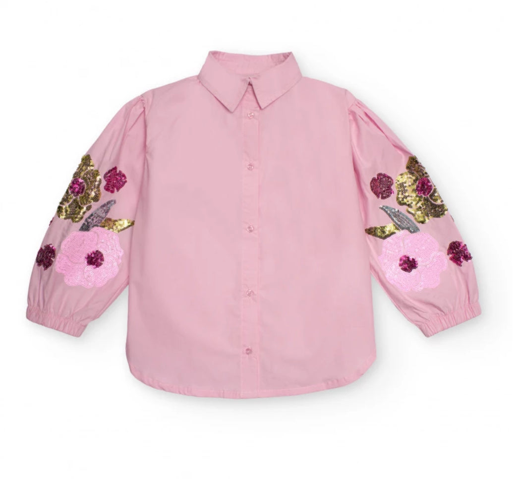 TucTuc NK Camisa rosa para niña con bordado floral en mangas y Falda vaquera con volante para niña.