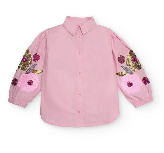 TucTuc NK Camisa rosa para niña con bordado floral en mangas y Falda vaquera con volante para niña.