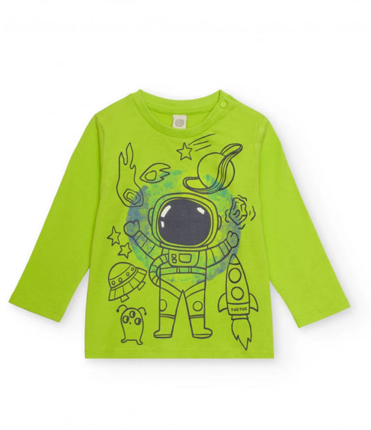 TucTuc Camiseta para niño color verde con estampado de astronauta y Pantalón azul marino con cintura ajustable y bordado de nave espacial.