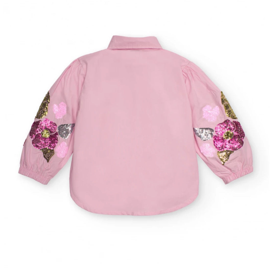 TucTuc NK Camisa rosa para niña con bordado floral en mangas y Falda vaquera con volante para niña.