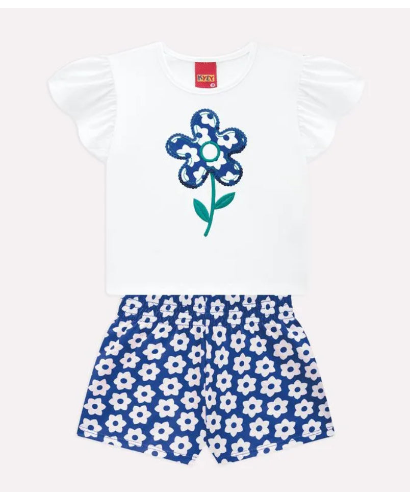 Kyly Conjunto Infantil Niña Bordado Flor Azul