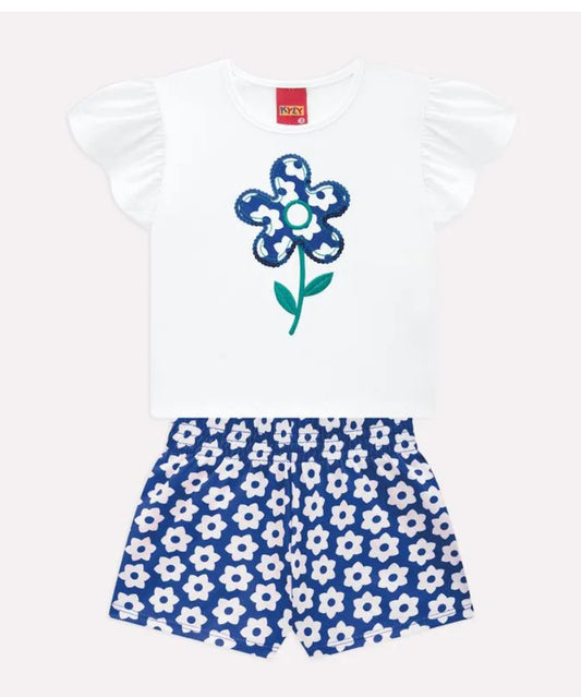 Kyly Conjunto Infantil Niña Bordado Flor Azul