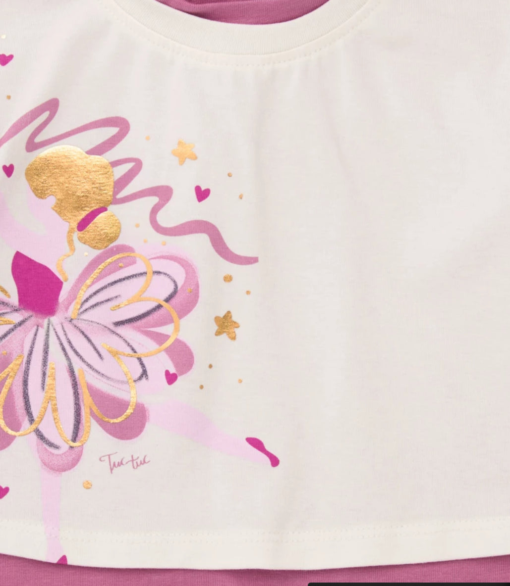 TucTuc Conjunto Niña Camiseta manga larga estampado bailarina y falda tutu rosa con estrellas doradas