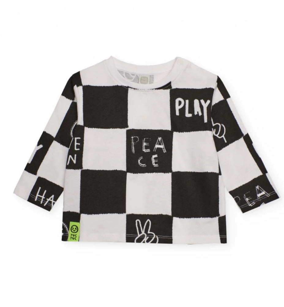 TucTuc Conjunto Camiseta Manga Larga Ajedrez “Play” “Peace” Y Pantalón Negro