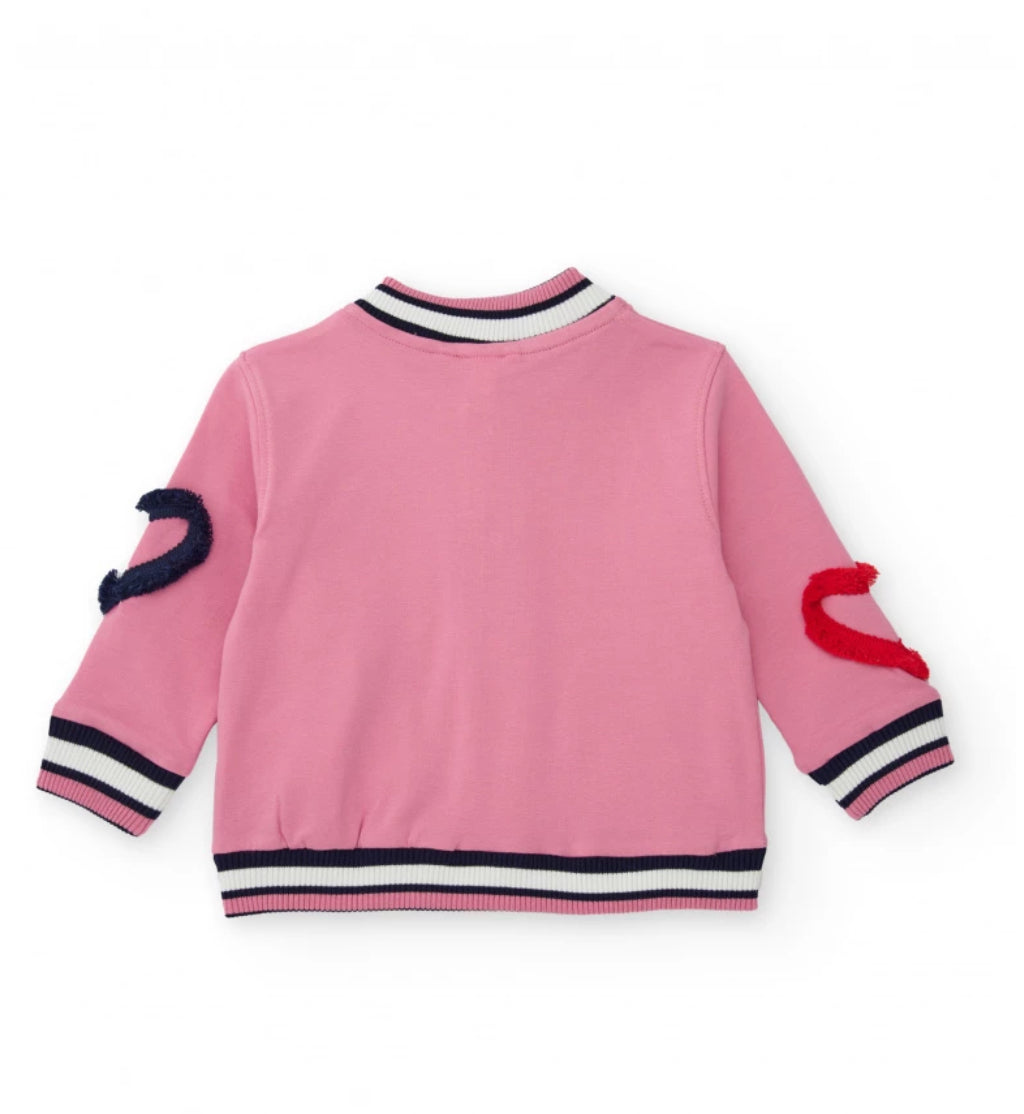 TucTuc Chaqueta tipo varsity rosa para niña con detalles bordados y aplicaciones en 3D.