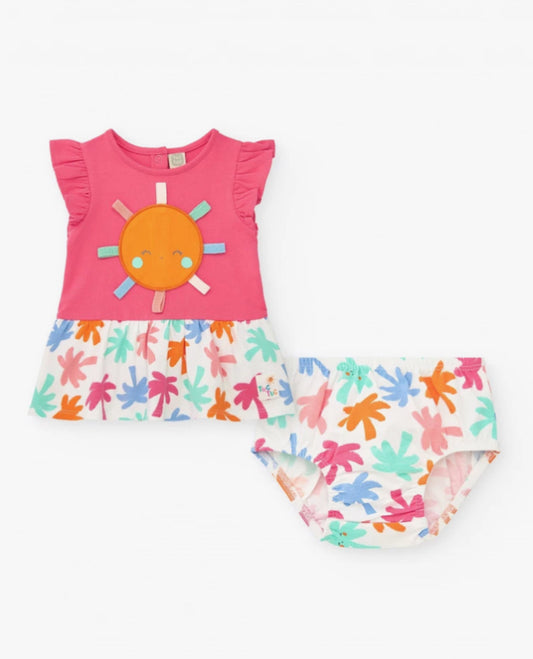 TucTuc Tropical Summer Conjunto Fucsia Para Niña Con Vestido De Sol Y Braguita Con Estampado Tropical