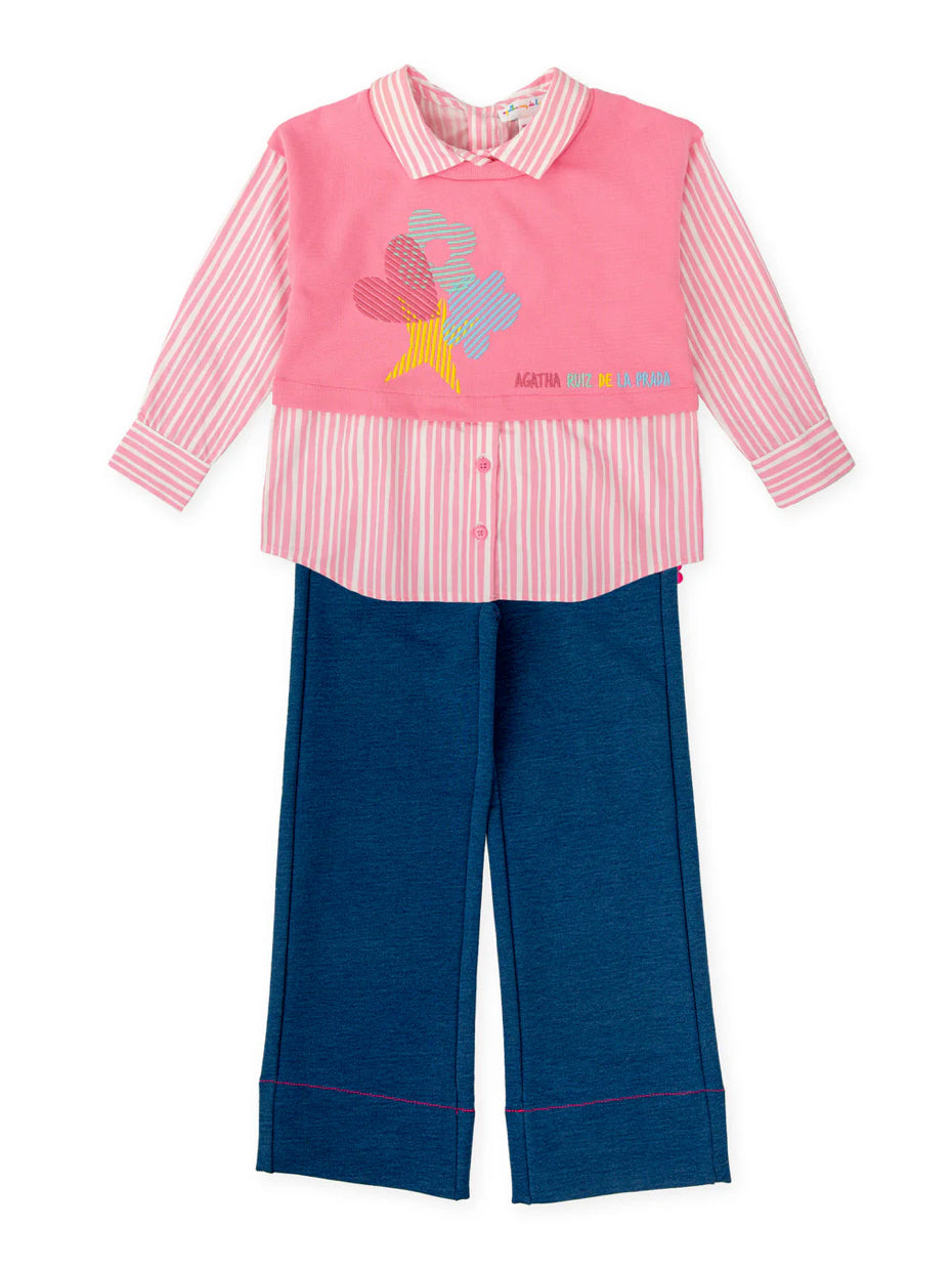 AGATHA RUIZ DE LA PRADA CONJUNTO CAMISA COMBINADA FRESA Y PANTALÓN DENIM