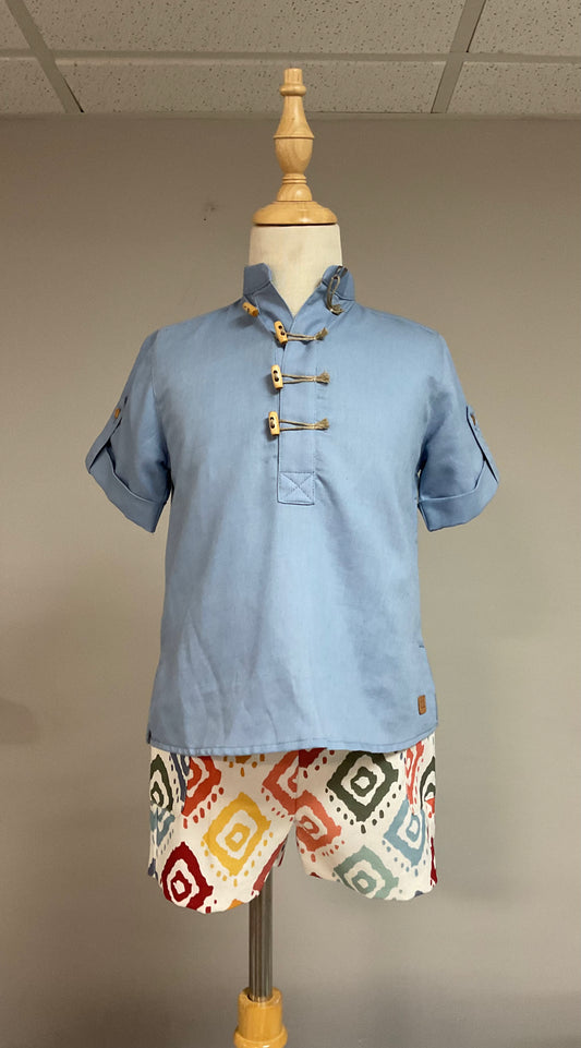 José Varón Conjunto Camisa Lino Celeston Y Pantalón Corto Étnico