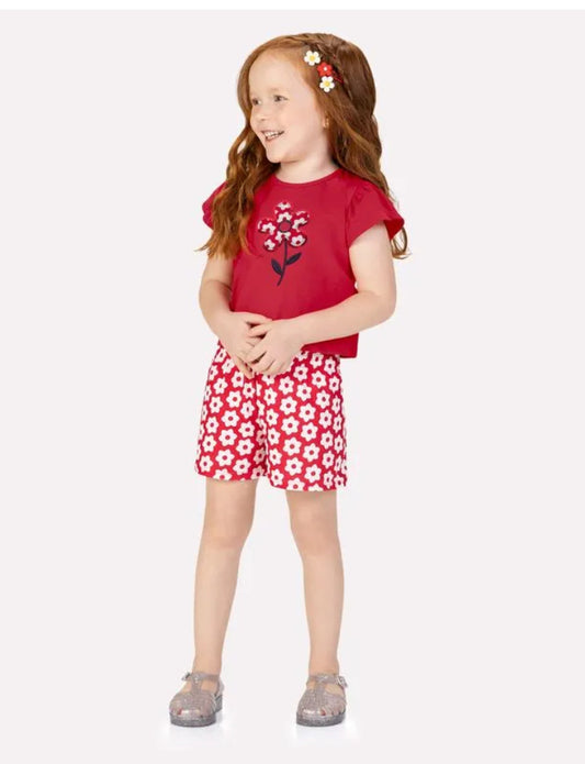 Kyly Conjunto Infantil Niña Bordado Flor Rojo