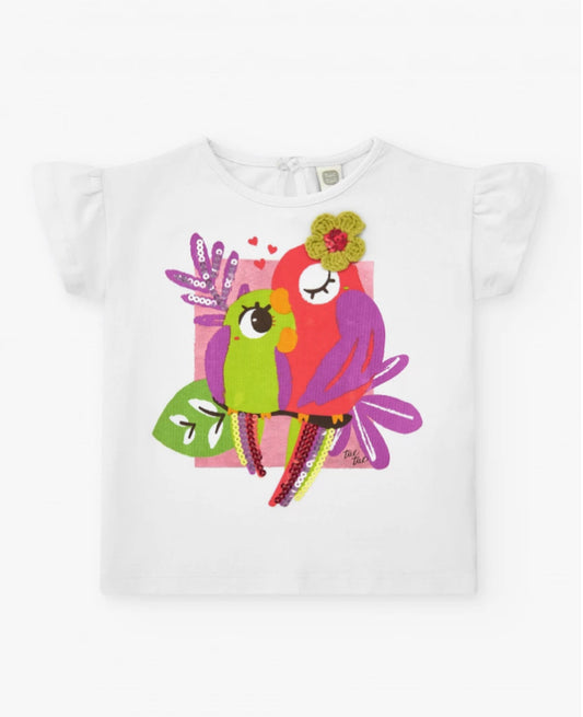 TucTuc Vacay Feelings Conjunto Camiseta Blanca Para Niña Con Loros Bordados Y Lentejuelas Con Skort De Estampado Frutal Y Volantes