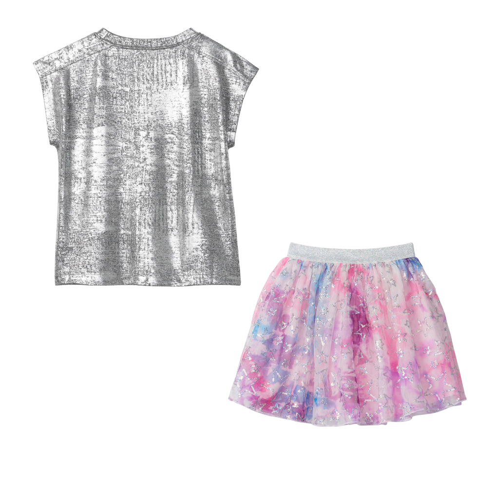 Hatley Girls Silver Shimmer Relaxed T-Shirt and Girls Star Power Tulle Skirt