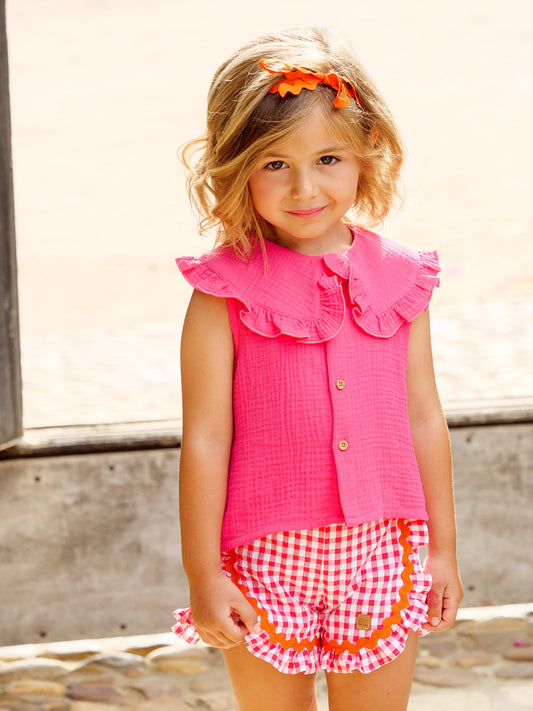José Varón Conjunto Blusa Fucsia Pantalón Corto Fucsia Naranja Blanco