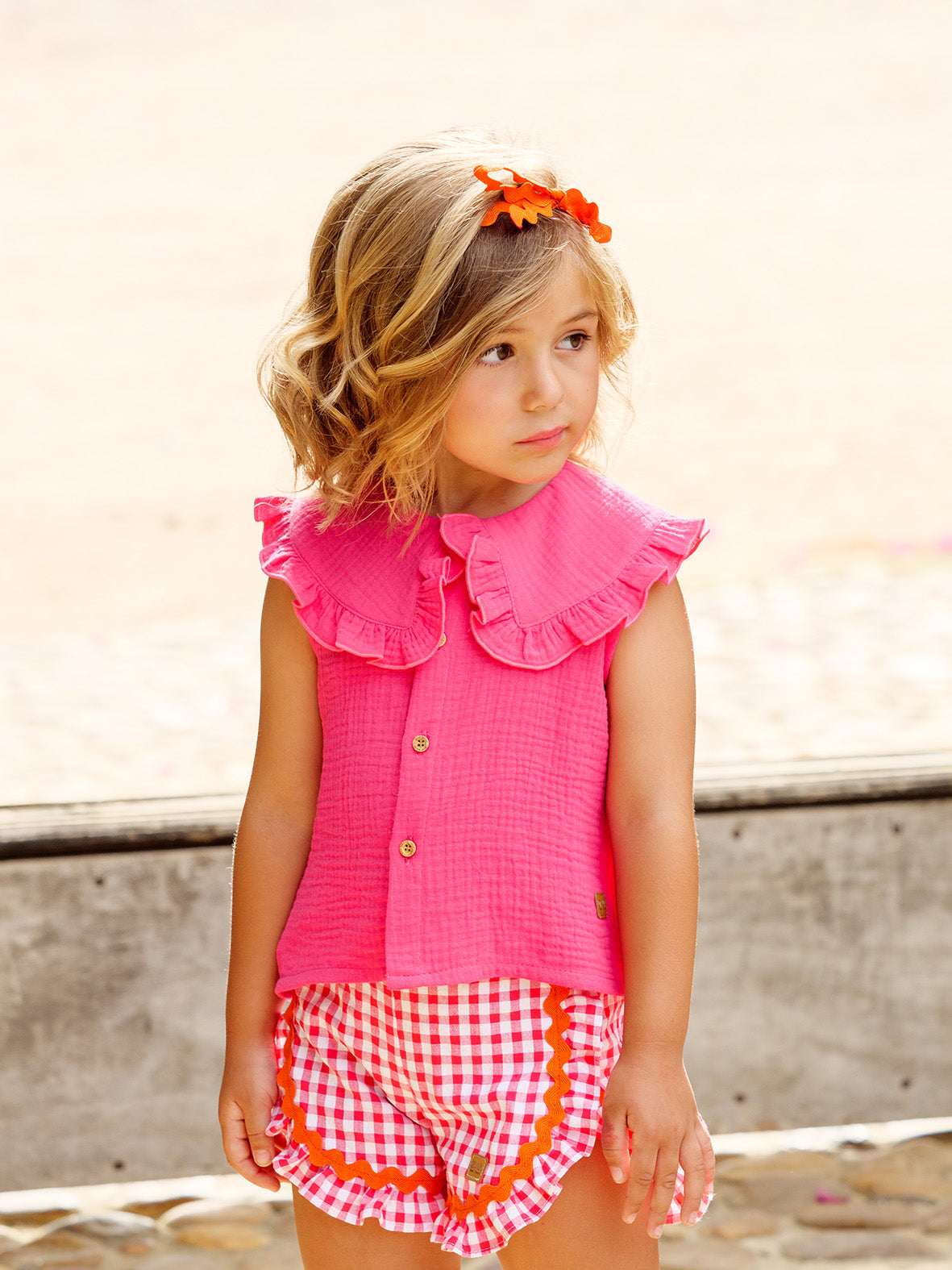 José Varón Conjunto Blusa Fucsia Pantalón Corto Fucsia Naranja Blanco