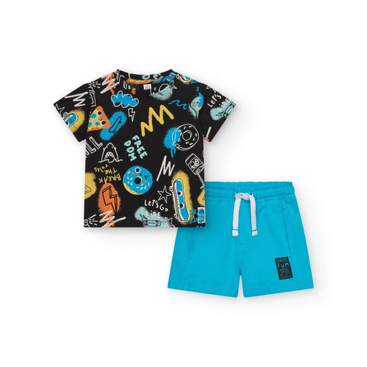 TucTuc First Have Fun Conjunto para niño con camiseta negra y short turquesa