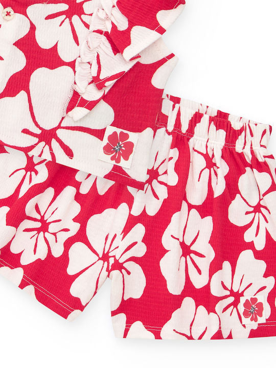 Tuc Tuc Conjunto para niña con camiseta de volantes y short floral en rojo y blanco. Colección: Beach Squad