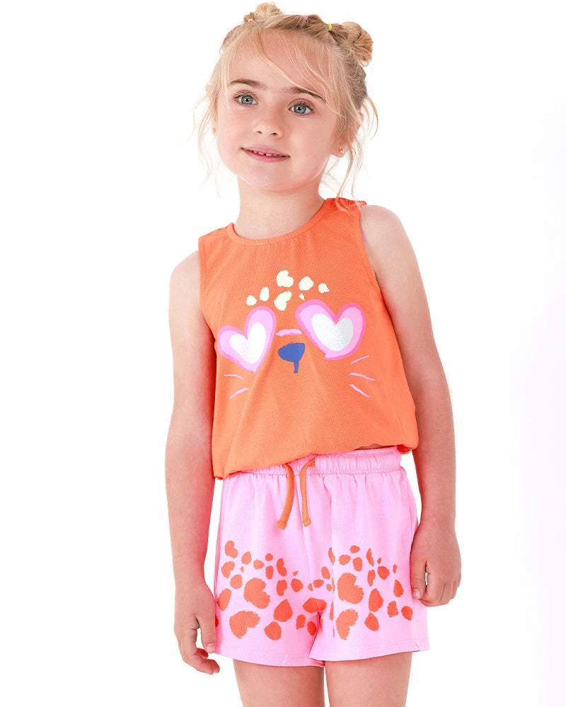 Tuc Tuc Conjunto para niña con camiseta naranja de animal y short rosa de manchas. Colección: Sunrise Is A Lemon