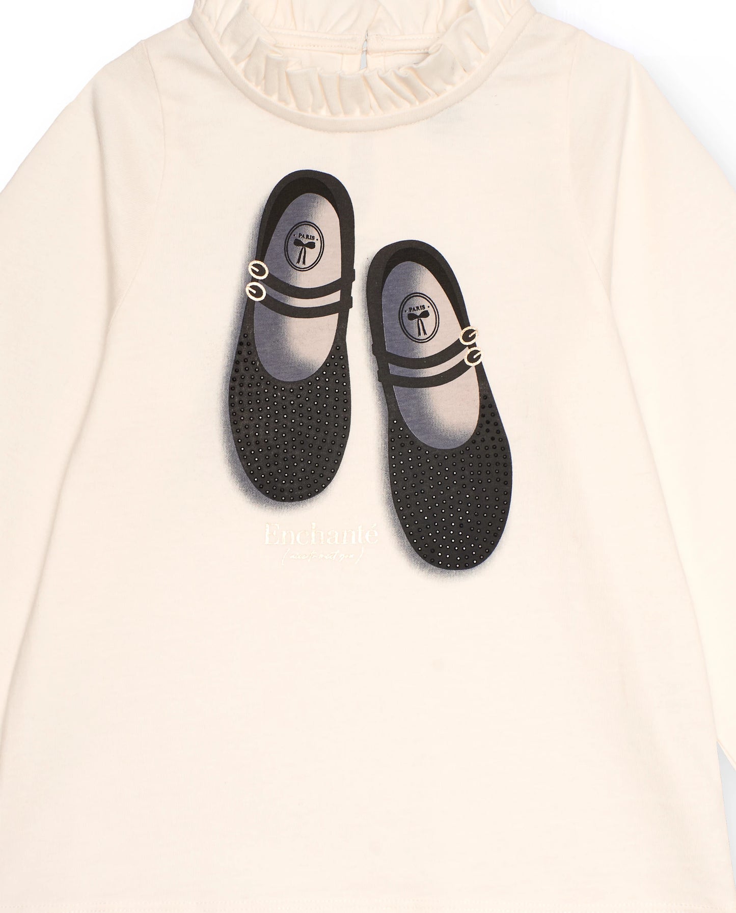 Tuc Tuc NK Conjunto Niña Camiseta cruda manga larga cuello y puños fruncidos y estampado de bailarinas Pantalón en tweed negro con cuadros grises