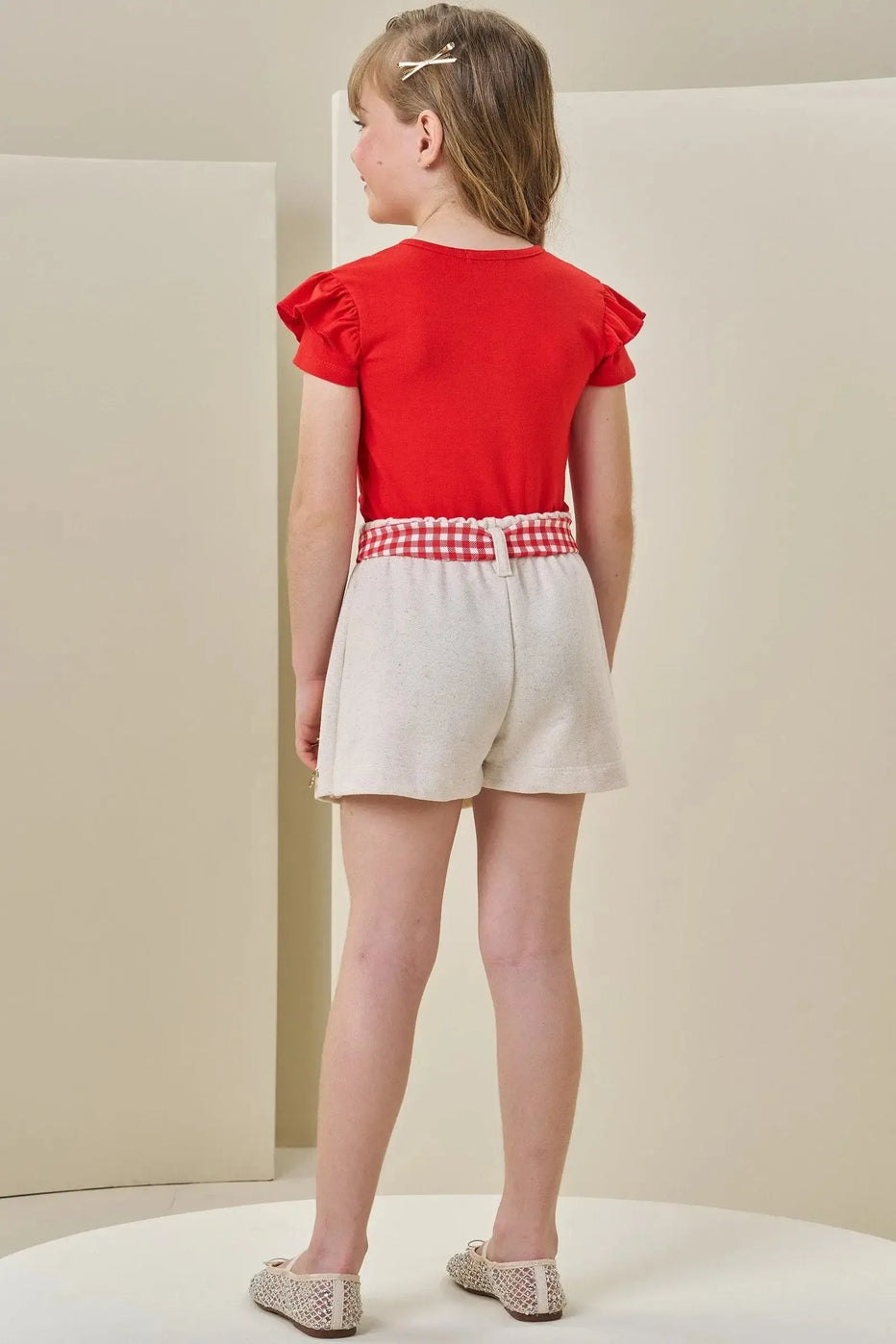 Infanti Conjunto Niña Blusa Cherry Falda Pantalon Crema cinturón Cuadro rojo