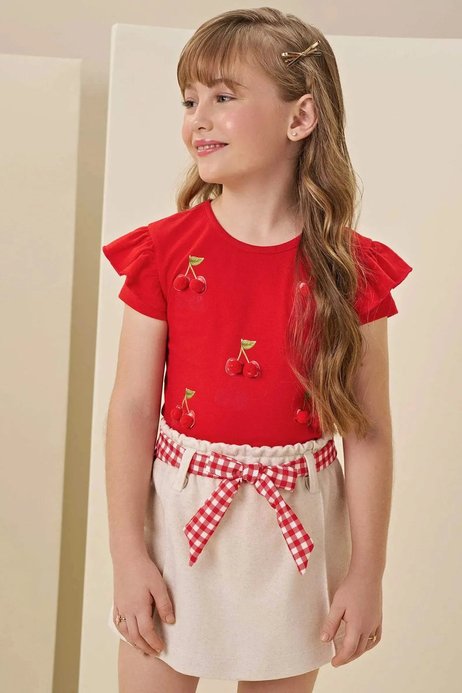 Infanti Conjunto Niña Blusa Cherry Falda Pantalon Crema cinturón Cuadro rojo