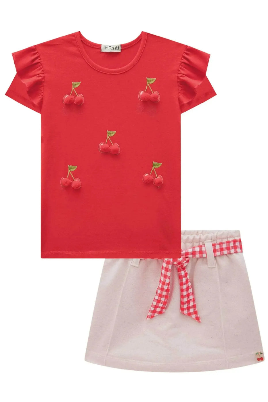 Infanti Conjunto Niña Blusa Cherry Falda Pantalon Crema cinturón Cuadro rojo