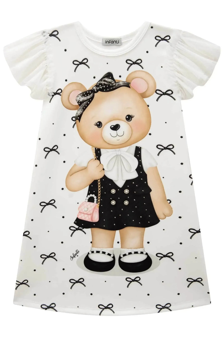 Infanti Vestido Niña Oso Blanco Lazos Negro