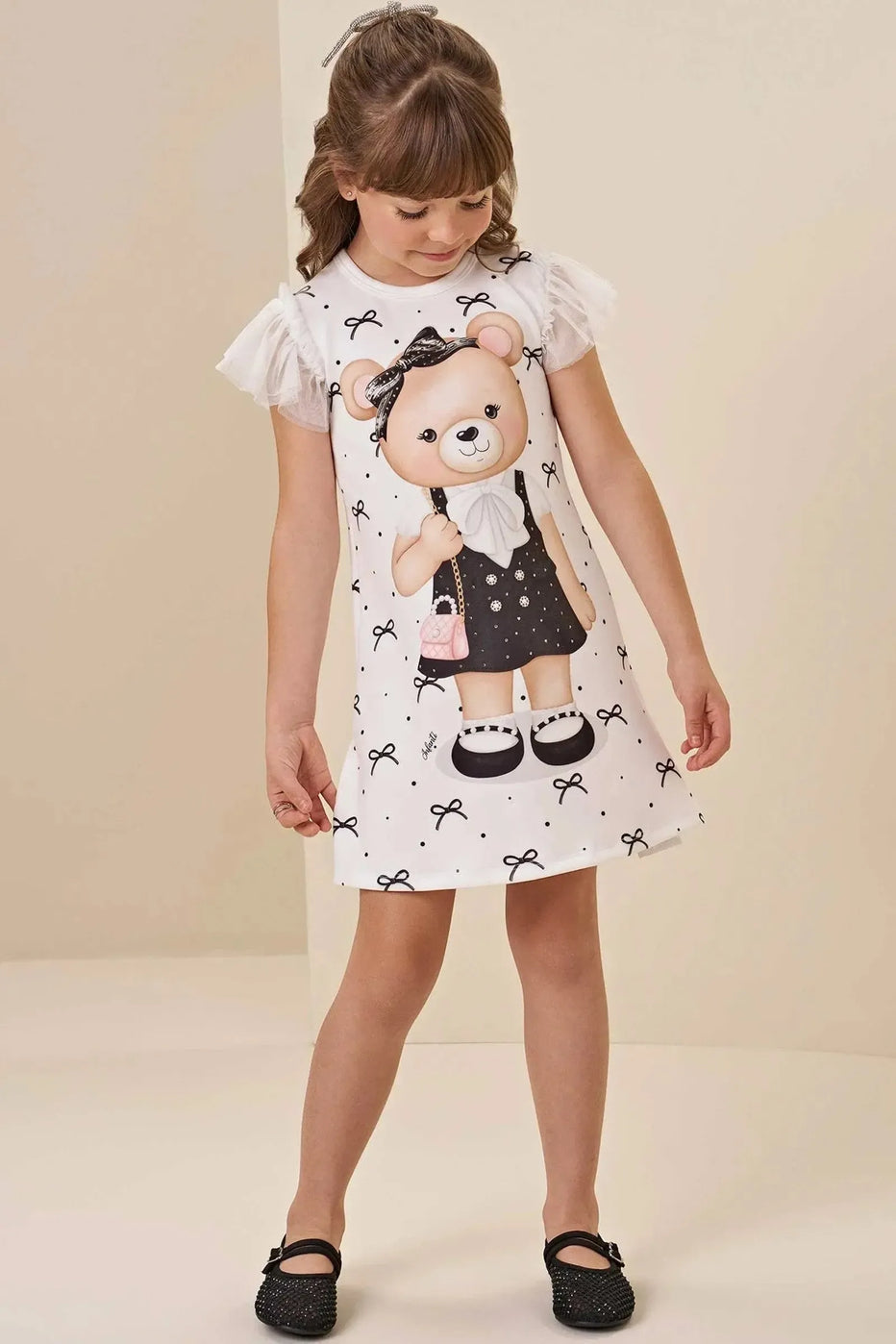 Infanti Vestido Niña Oso Blanco Lazos Negro