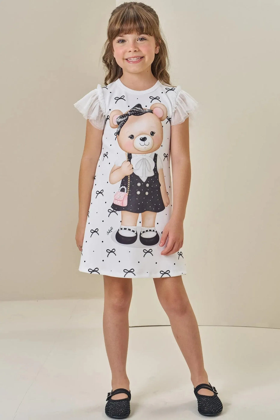Infanti Vestido Niña Oso Blanco Lazos Negro