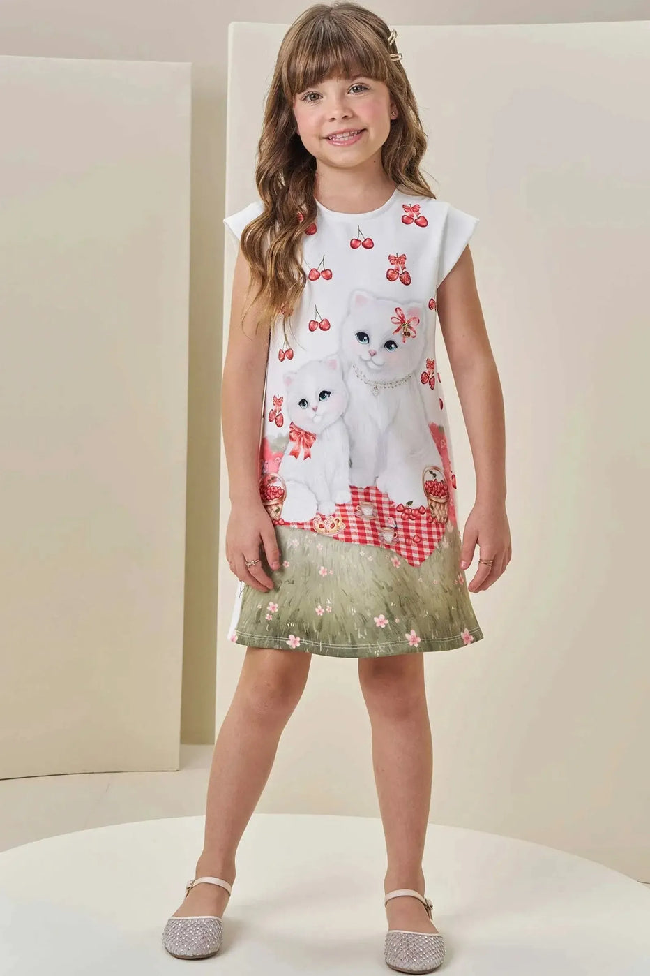 Infanti Vestido Niña Blanco Gatos Cherry