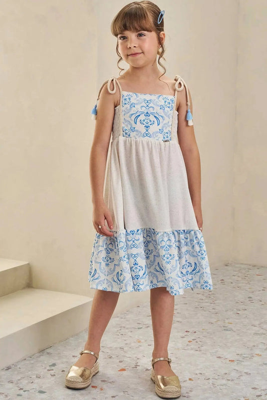 Infanti Vestido Beige y Azul Celeste Flores