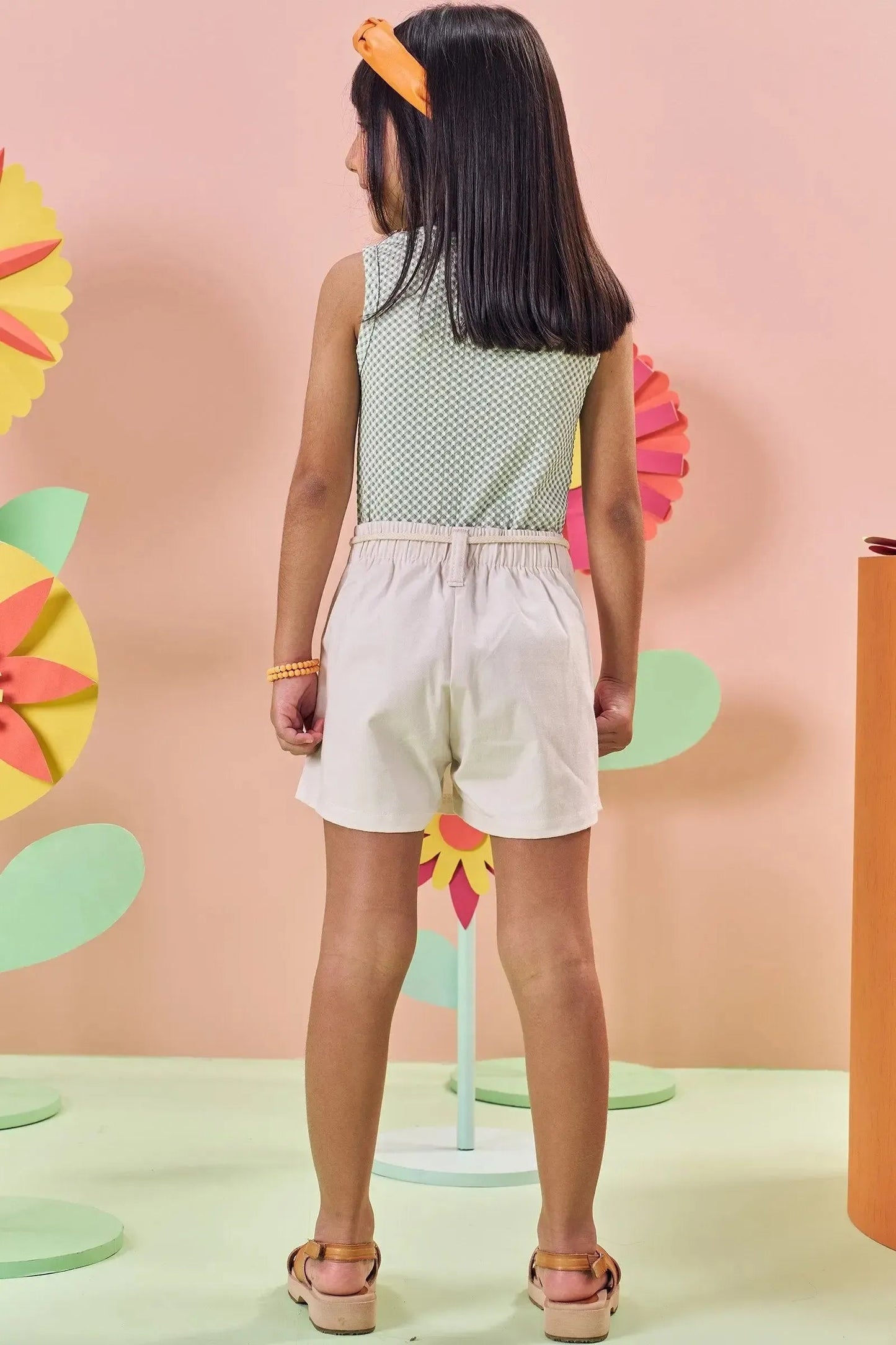 Kukie Conjunto Niña Blusa Verde Blanca Pera Pantalón Corto Beige