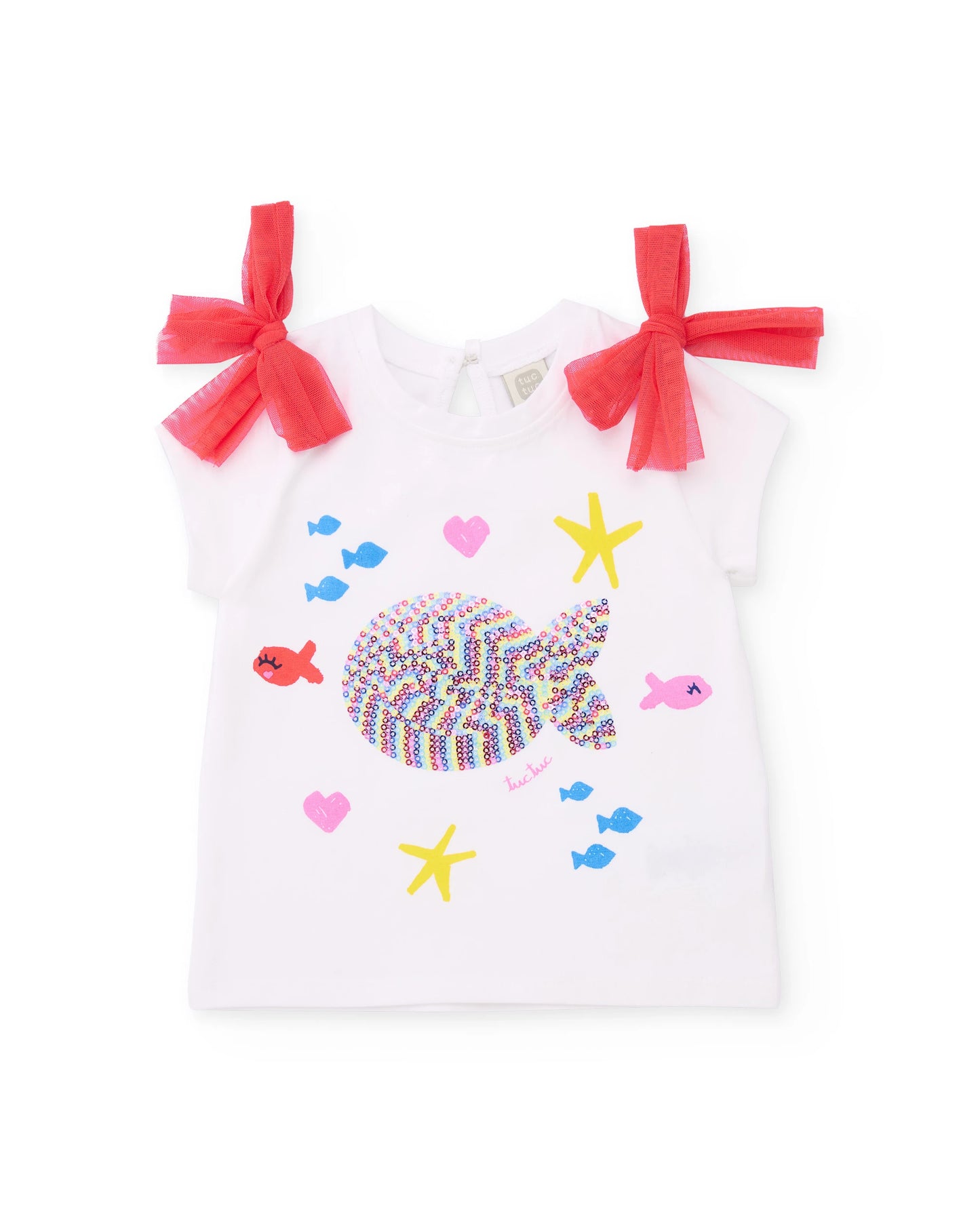TucTuc Conjunto Camiseta de niña de punto con pez frontal Falda pantalón de niña de plana y denim ligero