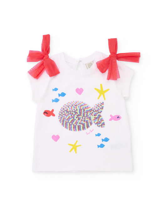 TucTuc Conjunto Camiseta de niña de punto con pez frontal Falda pantalón de niña de plana y denim ligero