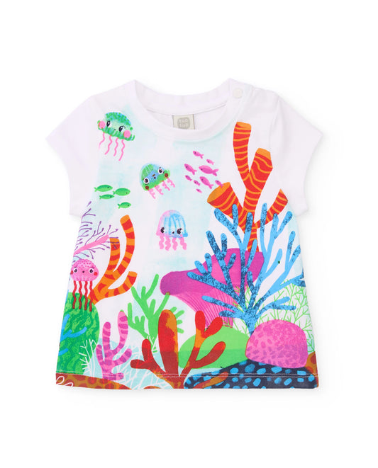 TucTuc Conjunto Camiseta Y Falda Pantalón Estampado Marino Medusa, peces y corales en tonos vibrantes
