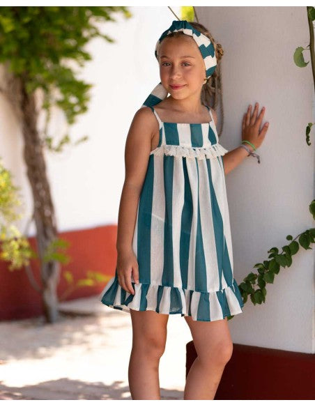 José Varón Vestido Niña Lino Rayas Verde/Crema