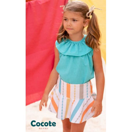 Cocote Conjunto Blusa Lino Turquesa Y Falda Multicolor